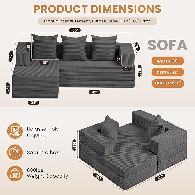 Modular Sectional Sofa, Boneless Convertible Oversized Sleeper Sofa Bed, Modern Tri-Folding Cloud Couch with L-Shape Chaise, Corduroy Futon Couches for Living Room Small Spaces Apartment,No Assembly
