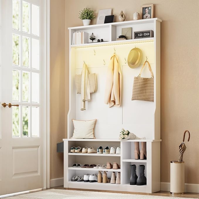 Aiho Entryway Bench with Coat Rack, 5-in-1 Hall Tree with Bench and Shoe Storage, Entryway Furniture, Adjustable LED Light, for Hallway, Living Room, White - Image 5