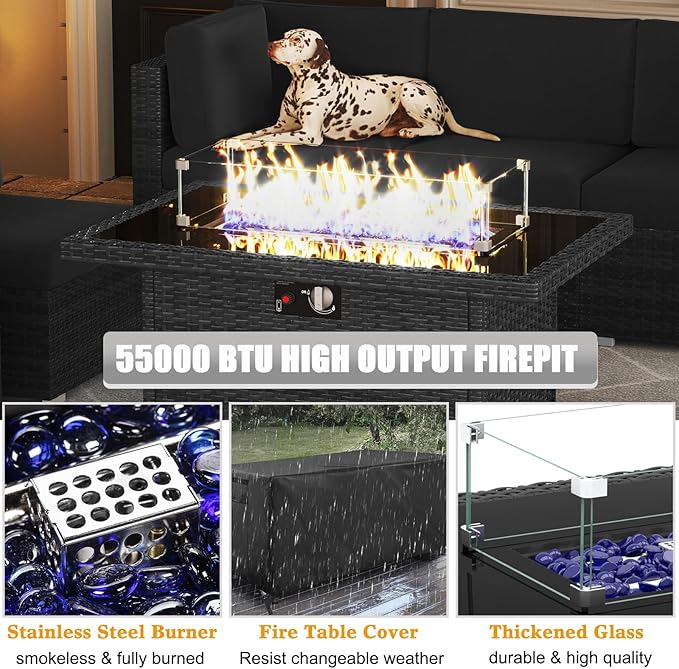 LayinSun 8 Piece Patio Furniture Set with 44" Propane Gas Fire Pit Table, Outdoor Sectional Conversation Set Wicker Rattan Sofa Set with Coffee Table