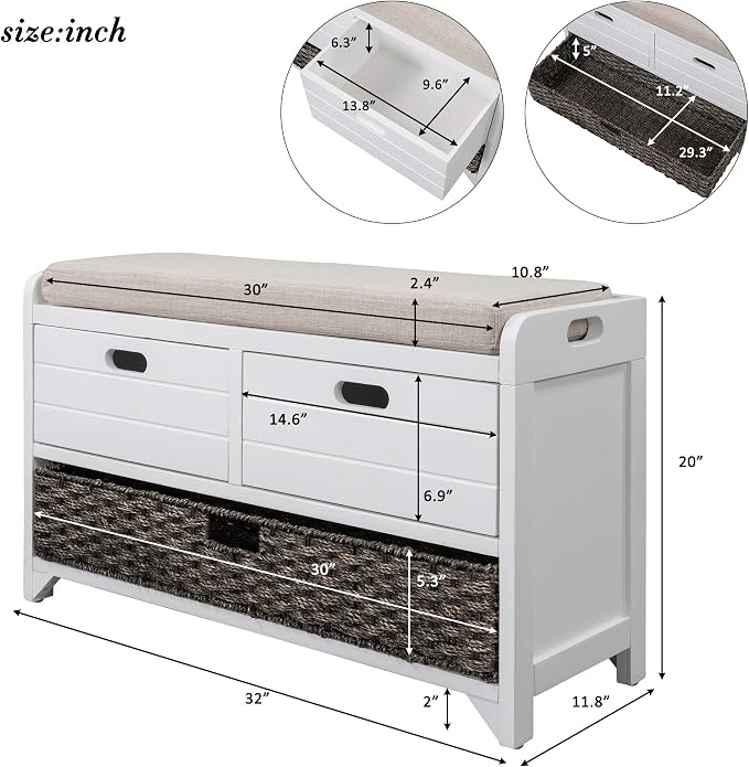 SOFTSEA Storage Bench with Drawers and Basket, Farmhouse Shoe Bench with Seating and Cushion for Hallway Entryway Living Room, Full Assembled (White Wash-2 Drawers) - Image 2
