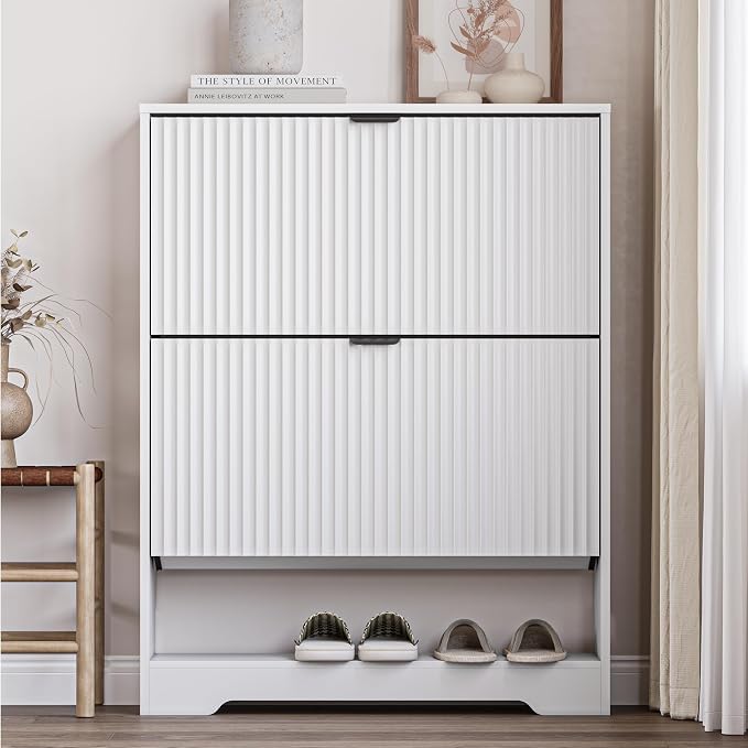 BORNOON Shoe Cabinet with 2 Flip Drawers, Fluted Shoe Storage Cabinet with Adjustable Shelves, Freestanding Rack and Organizer for Entryway, Closet, Hallway - Image 6
