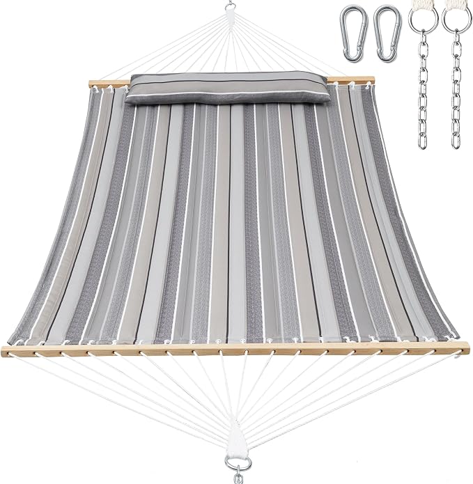 GAFETE Hammock 2 Person Quilted Fabric Hammocks for Outside, Double 12ft Hammocks with Spreader Bar, Large Removable Pillow, Storage Bag, Carabiners, Max 475 lbs Capacity (Peace Dove Grey) by GafeteOutdoorLiving