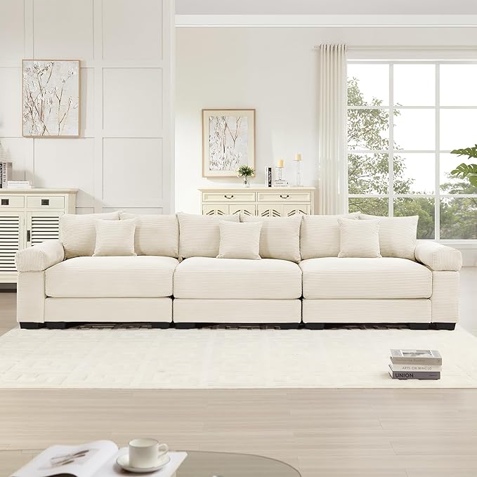 KEIKI 130" Oversized Corduroy Modular Cloud Sectional Sofa with High-Density Foam Cushions, Extra-Thick Armrest, Upholstered Modern 3-Seater Fluffy Corner Couch with 9 Pillow, for Living Room, Beige