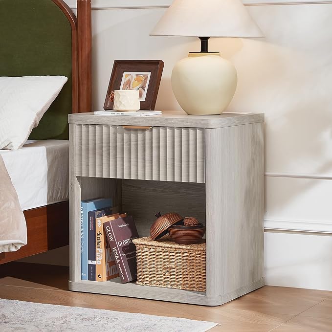LEYAOYAO 23" Wide Fluted Night Stand with Charging Station, 1 Drawers Large End Table with Storage, LightGrey Nightstand Wood Bedside Tables, Farmhouse Cabinet Dresser for Bedroom, Closet - Image 3