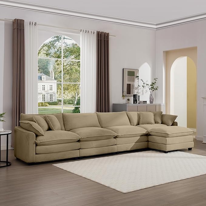 KEIKI 150" L-Shaped Oversized Corduroy Modular Sectional Sofa with 1 Ottoman, High-Density Foam Cushions, Removable Armrests, Upholstered 4-Seater Corner Couch with 6 Pillow, for Living Room, Tan