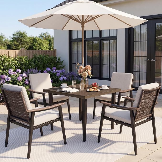 Natural Expressions Outdoor Dining Set,Patio Table and Chairs Set with 4 Wicker Rattan Chairs with Cushion, 5 Piece Patio Dining Set for 4,36.6" Woodgrain Table,1.65" Umbrella Hole,Patio Sets for Yard by NaturalExpressions
