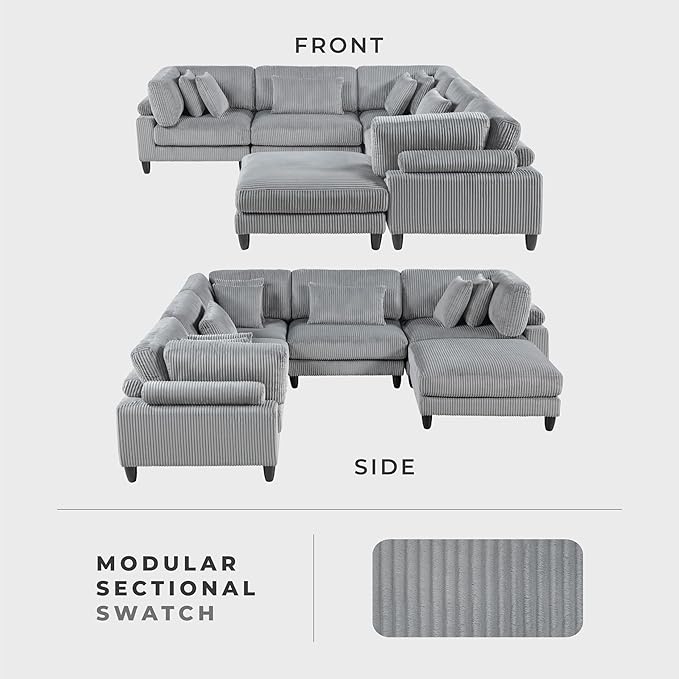 Lexicon 120 Inch Modular Sectional Sofa - Oversized 6 Seater Corduroy U Shaped Sectional Couch with Ottoman, 8 Accent Pillows, and Flexible Arrangement for Modern Living Rooms, Gray