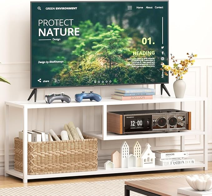 Function Home TV Stand for TVs up to 55 Inch, 3 Tier Entertainment Center, Media Console with Open Storage Shelves for Living Room Bedroom, 47” Modern TV Table with Wood Top White Metal Legs by FunctionHome