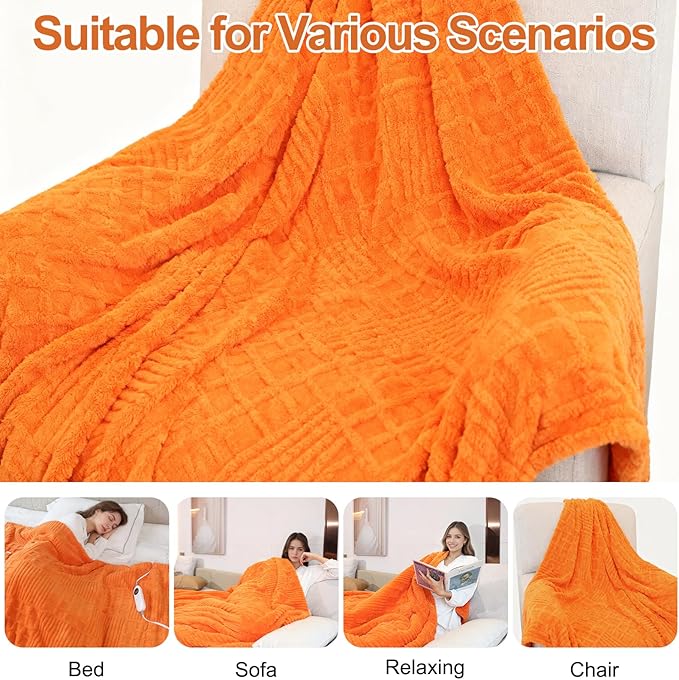 Eastsora Heated Blanket Electric King, 90"X100" Waffle Heating Blanket with 12 Heat Levels, Fast Heating Blanket with 1-12 Timer Settings, Overheat Protection with ETL & FCC for Home Office -Orange