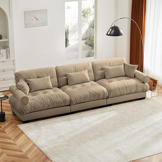 KEIKI 130" Oversized Velvet Modular Sectional Sofa with High-Density Foam Cushion and Bolstered Armrests, Upholstered Modern Style 3-Seater Cloud Couch with 5 Pillow, for Apartment, Living Room, Camel
