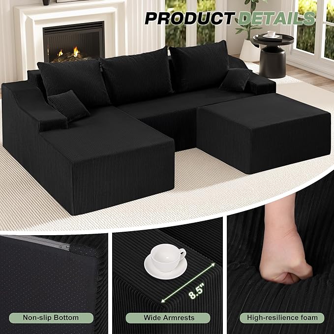 HABUTWAY 94“ U Shaped Modular Sectional Couch for Living Room, Modular Cloud Sofa with Ottoman, No Assembly Boneless Couches with Deep Seat, Corduroy Fabric (Black, Left Facing)