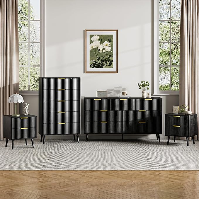 LYNSOM Fluted Dresser and Nightstand Sets 4 Piece, 2-Drawer Nightstands and 5/7 Drawers Dresser, Wood Bedroom Furniture Set for Home, Bedroom, Hallway, Black