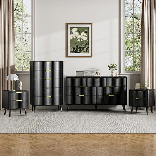 LYNSOM Fluted Dresser and Nightstand Sets 4 Piece, 2-Drawer Nightstands and 5/7 Drawers Dresser, Wood Bedroom Furniture Set for Home, Bedroom, Hallway, Black