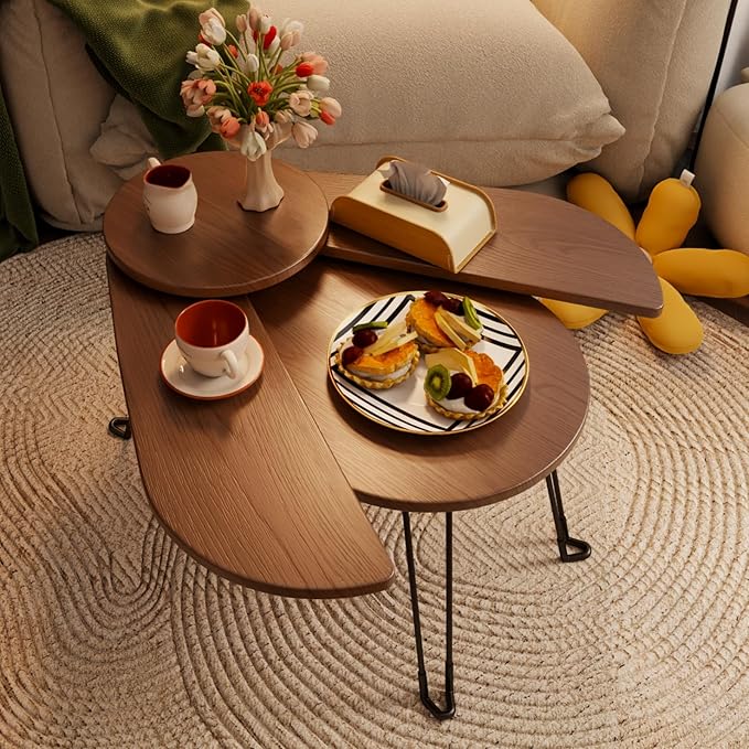 Small Coffee Tables for Small Spaces, Solid Wood Accent Tables Living Room, Foldable Coffee Table Oval, Folding Floor Table, Low Table for Sitting on the Floor, Narrow Side Table Couch, Walnut