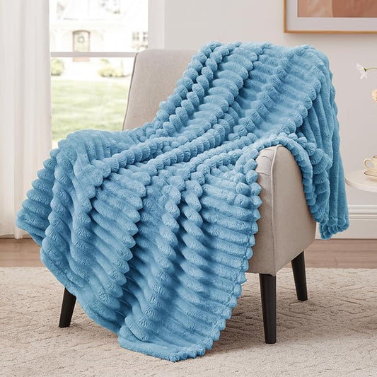 EXQ Home Fleece Throw Blanket for Couch or Bed - 3D Stripe Jacquard Decorative Blankets - Cozy Soft Lightweight Fuzzy Flannel Blanket Suitable for All Seasons(50"??60",Blue)