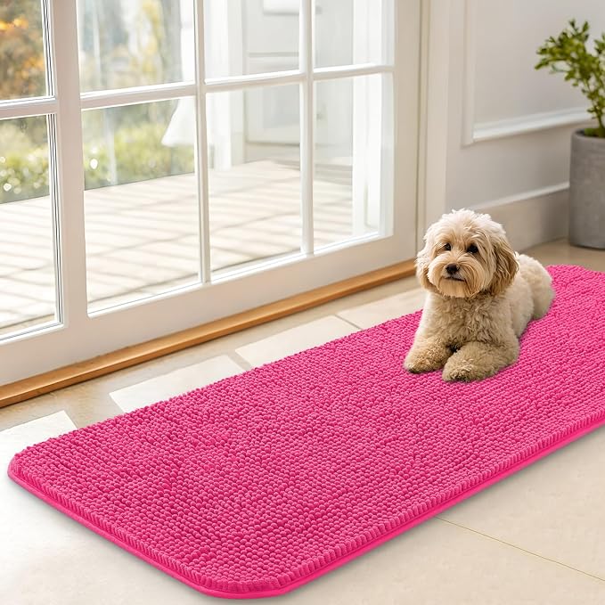 OLANLY Dog Door Mat for Muddy Paws 47x17, Absorbs Moisture and Dirt, Absorbent Non-Slip Washable Doormat, Quick Dry Chenille Mud Mat for Dogs, Entry Indoor Entryway Carpet for Inside Floor, Hot Pink by OLANLY