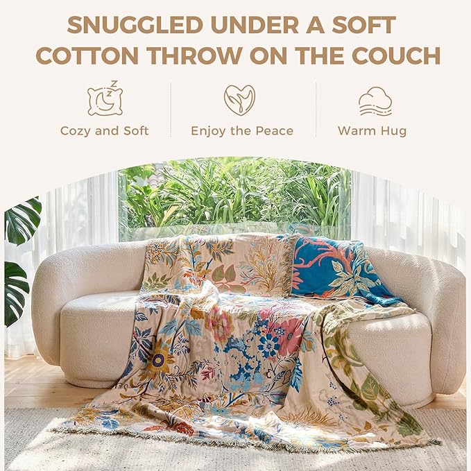 LUTBM Boho Throw Blanket for Couch Sofa Chair Cotton Spring Blankets for Bedroom Living Room All Season Soft Lightweight Reversible Floral Embroidery Decorative Throws 50"x60" Home Decor