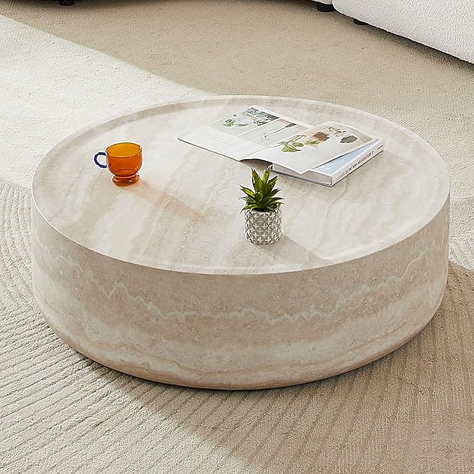 Round Coffee Table Modern Marble Grain Drum Coffee Table Circle Fiberglass Accent Center Table Modern Living Room Tea Table