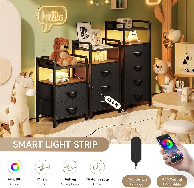 Lazzanto Night Stand Bedside Charger Bedroom - Nightstand with Charging Station & LED Light Strip, Night Stand with Storage Shelf & 3 Fabric Drawers, Morden End Table with U-S-B Ports & AC Outlets - Image 4