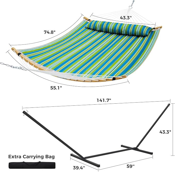 SUPERJARE Curved-Bar Hammock with Stand, 2 Person Heavy Duty Hammock Frame, Detachable Pillow & Portable Carrying Bag, Perfect for Outdoor & Indoor, Thin Blue and Green Stripes - Image 8