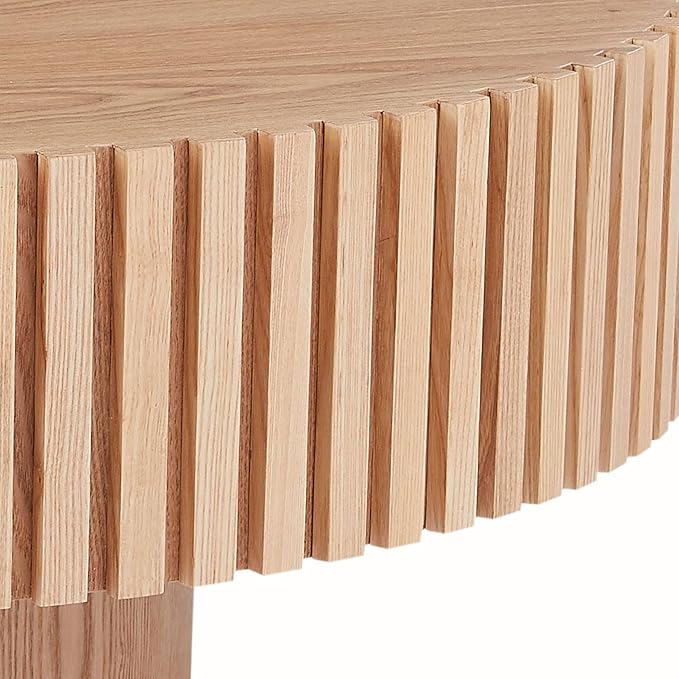 Round Coffee Table Wood Coffee Table for Living Room,Contemporary Drum Coffee Table with Handcrafted Relief,Fluted Side table Easy Assembly（please make sure this size is perfect for your space）