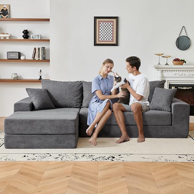 108'' Modular Sectional Couch, Modern 3-Seater Boneless Cloud Sleeper Sofa, L-Shaped Convertible Sectional with Non-Slip Bottom, No Assembly Required, Deep Seats Couch for Living Room, Grey