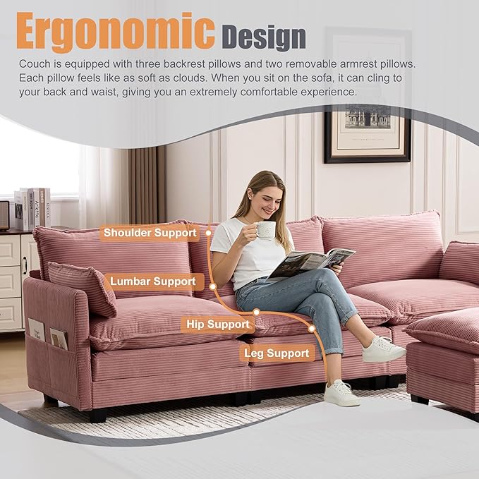 Modular Sectional Sofa Couch with Reversible Ottoman, 103" Oversized Corduroy Cloud Couch, 3 Seat Sectional Sofa with Solid Wood Frame and Side Pockets,for Living Room & Apartment