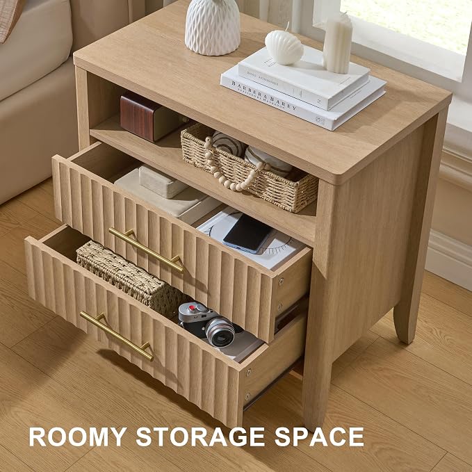 Fluted Nightstand with 2 Drawers, 27" Modern Nightstands with Storage Shelf, Large Queen Size Bedside Table and End Table for Bedroom, Office,Hallway (Natural, 1 Piece) - Image 4