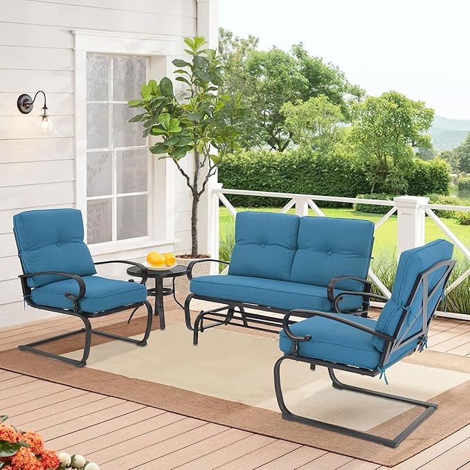 Oakcloud 4-Piece Outdoor Metal Furniture Sets Patio Conversation Set Wrought Iron Glider, 2 Spring Lounge Chairs and Round Side Table, Peacock Blue