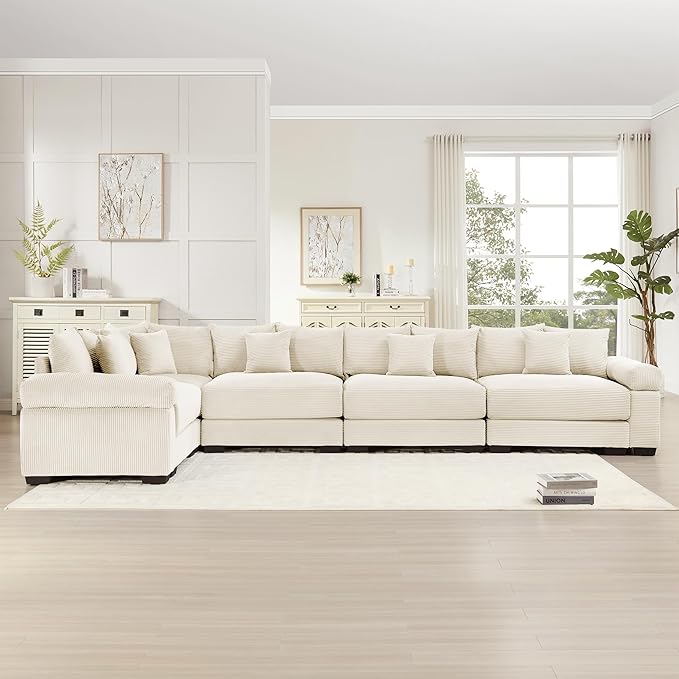 KEIKI 146" L-Shaped Oversized Corduroy Modular Cloud Sectional Sofa with High-Density Foam Cushion, Extra-Thick Armrest, Convertible 5-Seater Fluffy Corner Couch with 18 Pillow, for Living Room, Beige