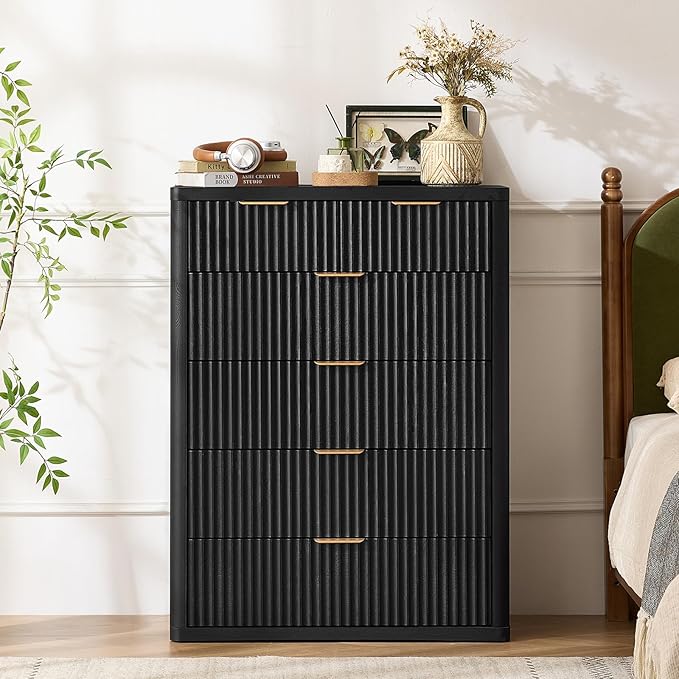 LEYAOYAO 42" Tall Fluted Dresser and 2 Drawers 23" Nightstand Set of 2, Wooden Dresser & Night Stand with Charging Station, 3 Piece Bedroom Furniture Set, Wood Chest of Drawer for Living Room,Black