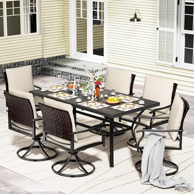 LEVELEVE 7 Piece Outdoor Patio Dining Set with 6 Swivel Dining Chairs & 1 Large Round Dining Table,Bistro Furniture Set for Lawn, Garden, Deck, Backyard and Porch by Enjoyyourlife