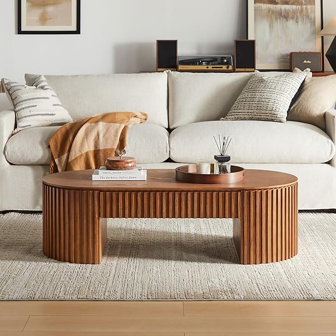 51.18'' Oval Coffee Table for Living Room Fluted Center Table with Drawer, Mid Century Modern Coffee Tables, Easy Assembly for Office Storage Tea Table Brown