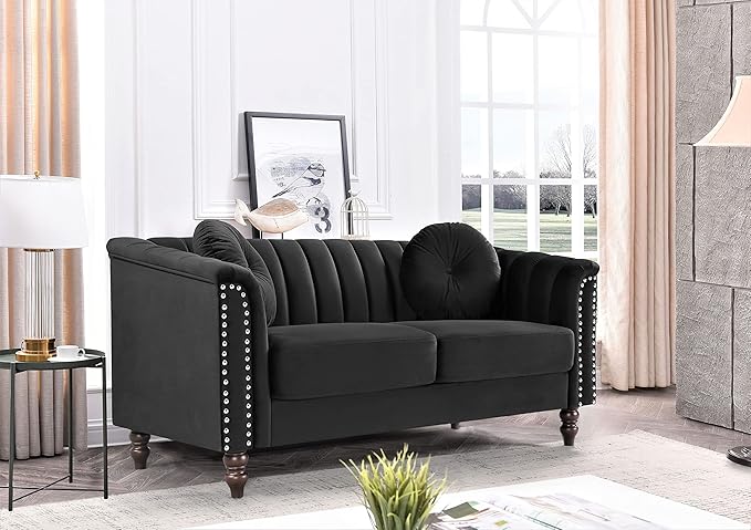 Container Furniture Tufted Velvet Sofa with Removable Cushions and Turned Wood Legs, Elegant Living Room Furniture for The Modern Home, 61.4 Inch Loveseat, Black