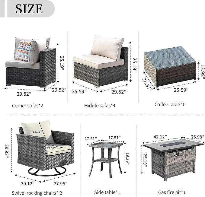 HOOOWOOO 11 Piece Patio Sectional Furniture Set with Fire Pit Table,Modern Wicker Outdoor Conversation Sofa Sets,Weather Resistant Modular L Shaped Outside Couch Swivel Chair Set(Beige)