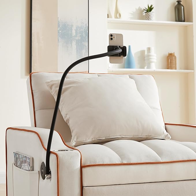 KEIKI 36" Velvet Convertible Pull-Out Sleeper Sofa Chair Bed with Adjsutable Back, 2 Arm Pocket, USB, Modern 1-Seater Couch with Swivel Phone Stand, Easy Assembly, for Living Room, Bedroom, Beige