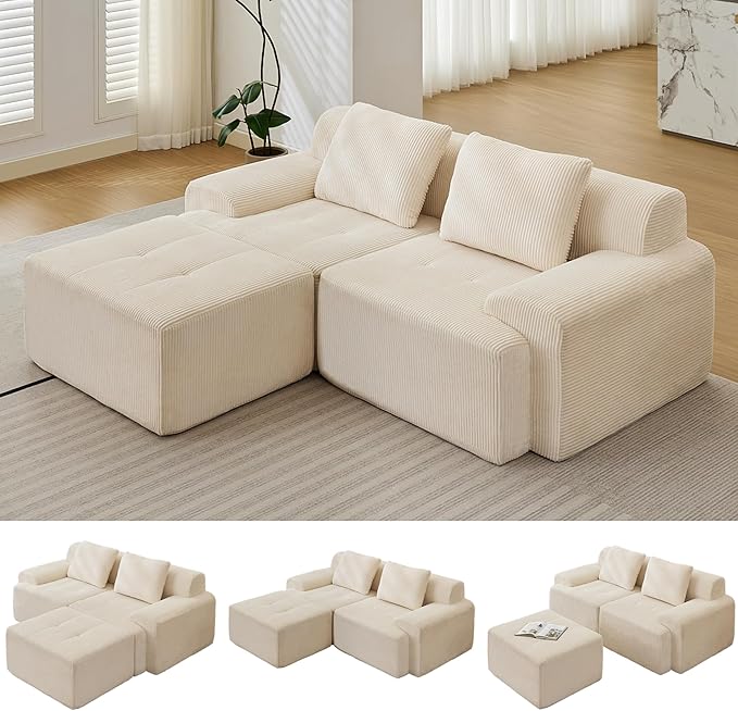 Modular Sectional Sofa, Boneless Couches for Living Room, Corduroy Couch, Big Comfy Couch, Modular Cloud Sofa with Deep Seat (White, 3 Pieces-L Shape)