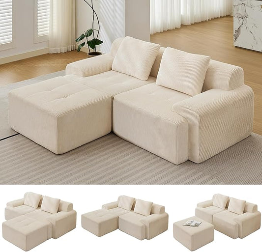 Modular Sectional Sofa, Boneless Couches for Living Room, Corduroy Couch, Big Comfy Couch, Modular Cloud Sofa with Deep Seat (White, 3 Pieces-L Shape)