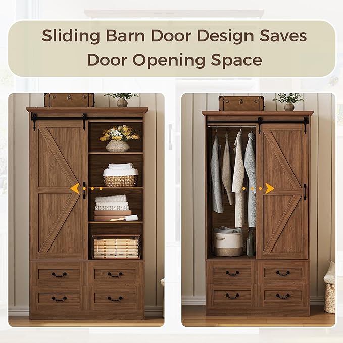 IRONCK Armoire Wardrobe Closet with 4 Drawers,71" Wardrobe Cabinet with Sliding Barn Doors, Tall Clothing Storage Cabinet with Hanging Rod and Shelves for Bedroom,Walnut