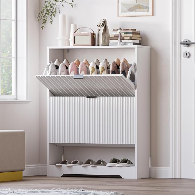 BORNOON Shoe Cabinet with 2 Flip Drawers, Fluted Shoe Storage Cabinet with Adjustable Shelves, Freestanding Rack and Organizer for Entryway, Closet, Hallway by BORNOON