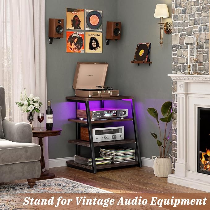 Armocity 4-Tier AV Media Stand with Power Strips, Corner TV Stand with LED Lights, Rack Audio Tower with Adjustable Shelves, Corner Entertainment Center, 30'', Black Walnut - Image 2