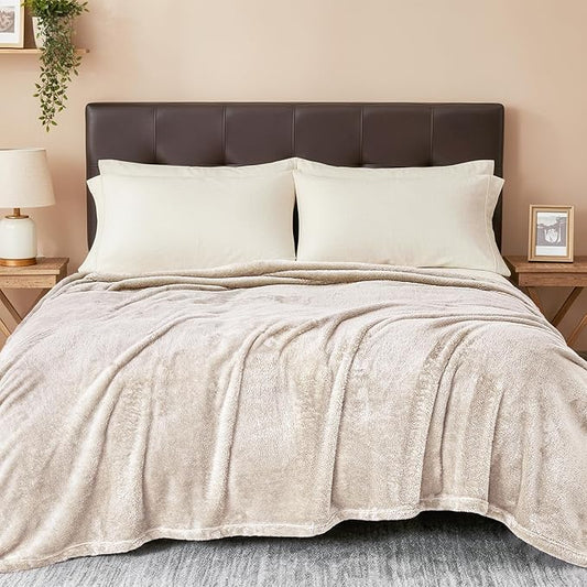 Exclusivo Mezcla Plush Fuzzy Fleece Bed Blanket Queen Size, Super Soft, Fluffy and Warm Blankets for Couch, Bed, All Season (Beige, 90x90 inches)