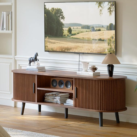 ChooChoo Mid Century Modern TV Stand for TVs up to 60 Inch, Entertainment Center with Fluted Sliding Doors and Hidden Storage, TV Console with Adjustable Shelf for Living Room, Bedroom, Walnut by ChooChoo