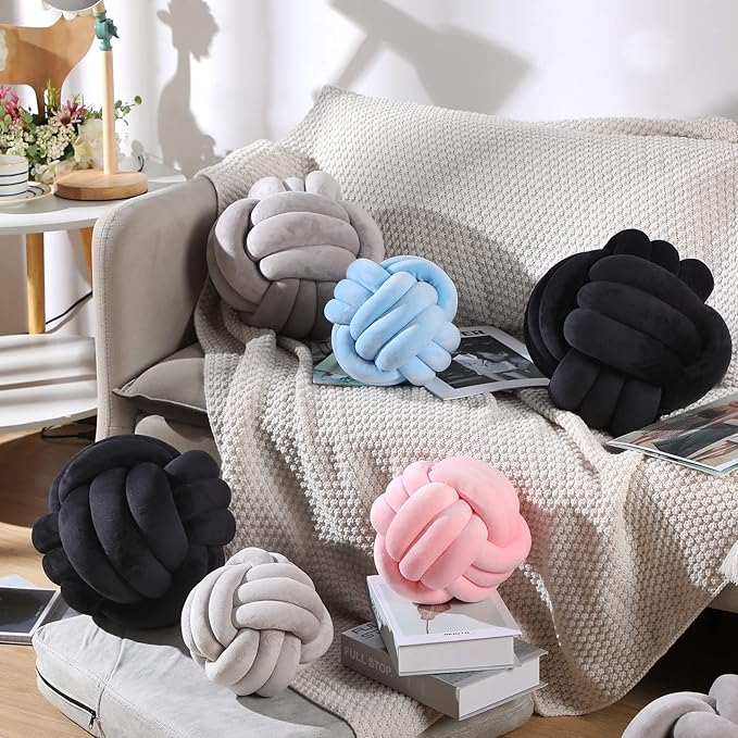 Namalu 2 Pcs Soft Knot Pillow Ball, Decorative Round Throw, Soft Knotted Plush Pillows, Handmade Stuffed Ball Pillows Cushion for Bedroom Sofa Couch Home Decor(7.87 Inches,Black)