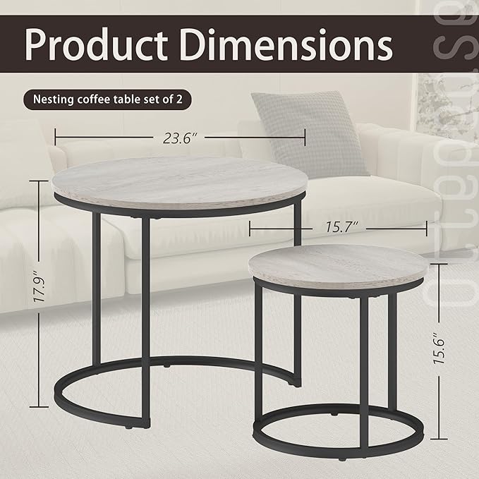 Nesting Tables Set of 2, Wood Grain Grey Round Coffee Table, Small Nesting Coffee Table with Adjustable Non-Slip Fee, Wood Grain Top Nesting Tables for Living Room, Bedroom