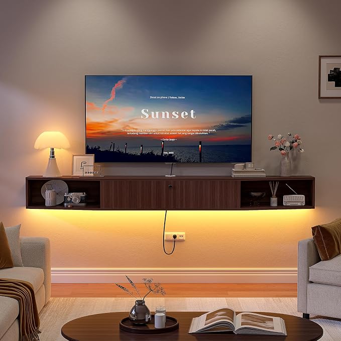 47 inch Floating TV Stand,Plywood Wall Mounted Entertainment Center with 1 Door & 2 Open Cabinets,Floating Media Console with Wire Holes,Hanging TV Shelf for Living Room, Bedroom Walnut by FloatiCasa