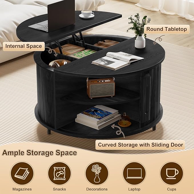 Round Lift Top Coffee Table, 31.5" Fluted Wood Accent Coffee Table with 180° Curved Sliding Door, Hidden Storage, Mid Century Modern Center Table for Living Room Office Small Spaces, Black