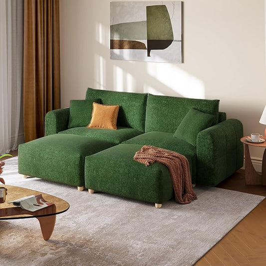 LINSY HOME Cloud Couch Sectional, Modular Sofa Sectionals for Living Room Bedroom, 91" U Shape Love Seat Couch with Ottoman, 2 Seater Deep Seat Cozy Couch Luxury Chenille Sofas, Green