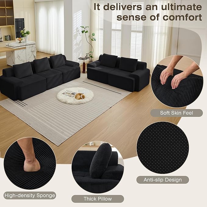 Modular Sectional Sofa, 6 Seat Modular Couch, Modular Sofa with Deep Seat and Detachable Pillow (Black, Rowshape 2 Side)