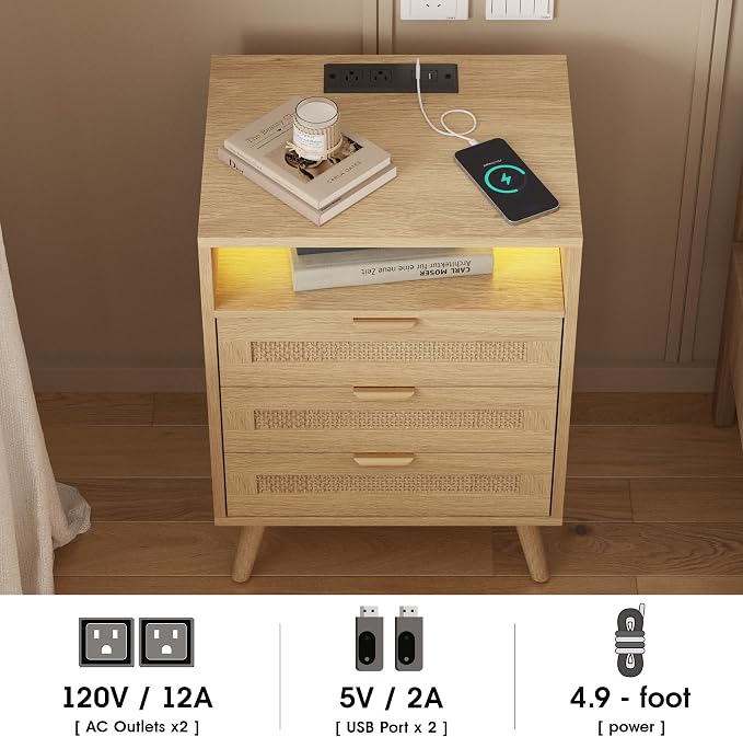 Halitaa Rattan Nightstands Set of 2 with Charging Station and Led Lights and 3 Drawers, Boho Night Stand Set 2 with Open Storage, Rattan Bedside Table Side Table, End Tables for Bedroom, Light Wood - Image 4
